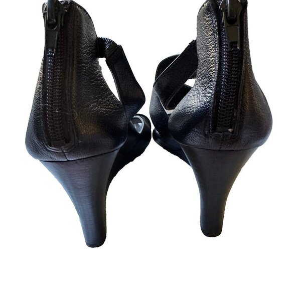 Nine West Black Leather Wedge Sandals Zipper and Straps SIZE 8.5  3.5 inch Heels - Picture 4 of 15